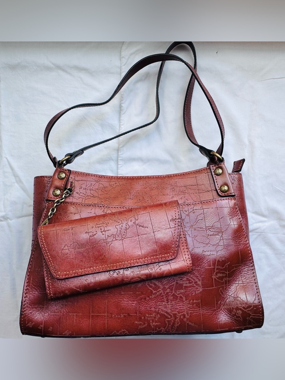Patricia Nash Red-Brown Map-Embossed Leather Shoulder Bag with Wallet
